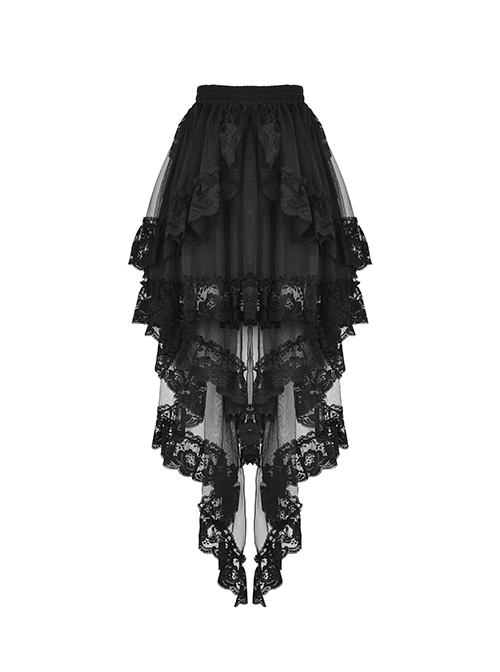 Sexy Black Fold Mesh Exquisite Lace Asymmetric Punk Wind Tail Skirt