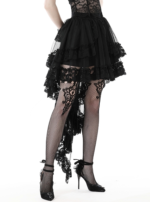 Sexy Black Fold Mesh Exquisite Lace Asymmetric Punk Wind Tail Skirt