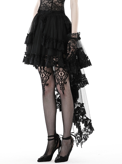 Sexy Black Fold Mesh Exquisite Lace Asymmetric Punk Wind Tail Skirt