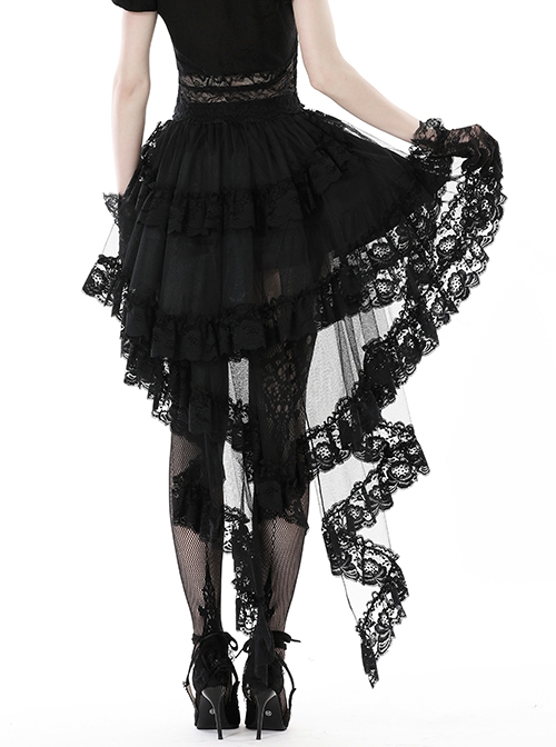 Sexy Black Fold Mesh Exquisite Lace Asymmetric Punk Wind Tail Skirt