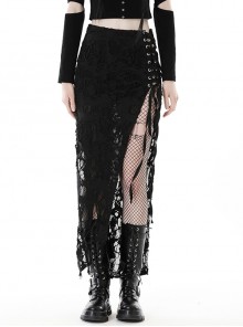 Personalized Black Sexy Slit Slit Exposed Legs Ripped Punk Style Slim Long Skirt