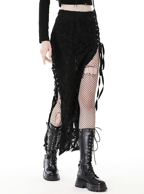 Personalized Black Sexy Slit Slit Exposed Legs Ripped Punk Style Slim Long Skirt