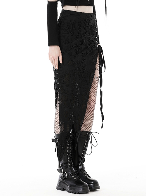 Personalized Black Sexy Slit Slit Exposed Legs Ripped Punk Style Slim Long Skirt