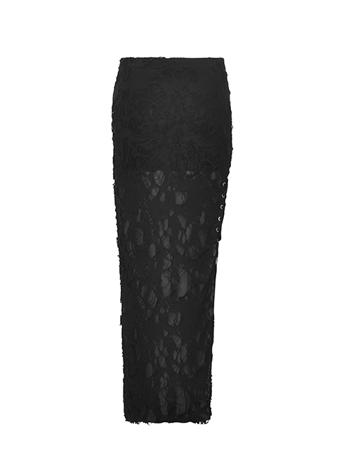 Personalized Black Sexy Slit Slit Exposed Legs Ripped Punk Style Slim Long Skirt