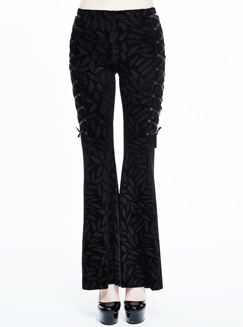 Black Feather Patterned Side Lace-Up Embossed Velvet Gothic Bell-Bottoms Pants