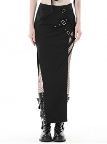 Black Sexy Hip Hugging Side Slit Exposing Legs And Metal Buckle Punk Style Tight Long Skirt