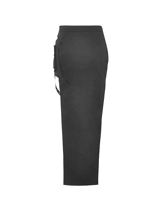Black Sexy Hip Hugging Side Slit Exposing Legs And Metal Buckle Punk Style Tight Long Skirt