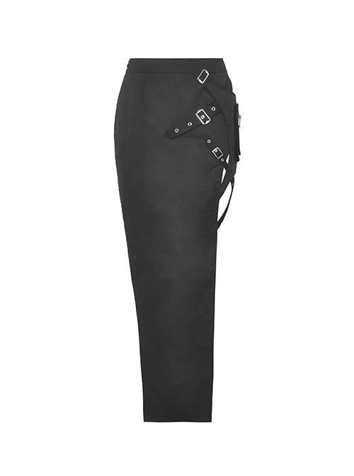 Black Sexy Hip Hugging Side Slit Exposing Legs And Metal Buckle Punk Style Tight Long Skirt