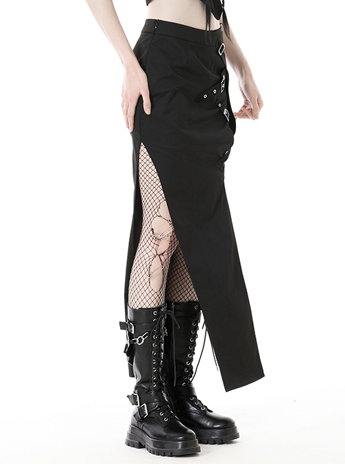 Black Sexy Hip Hugging Side Slit Exposing Legs And Metal Buckle Punk Style Tight Long Skirt