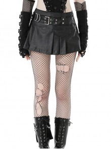 Asymmetrical Sexy Black PU Leather Waist Metal Buckle Embellished Punk Style Pleated Mini Skirt