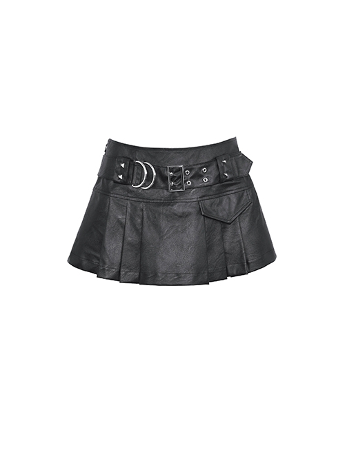 Asymmetrical Sexy Black PU Leather Waist Metal Buckle Embellished Punk Style Pleated Mini Skirt