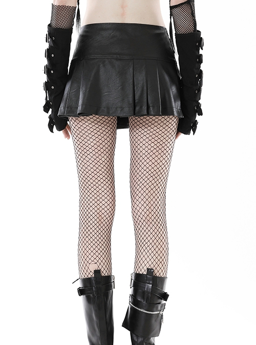 Asymmetrical Sexy Black PU Leather Waist Metal Buckle Embellished Punk Style Pleated Mini Skirt