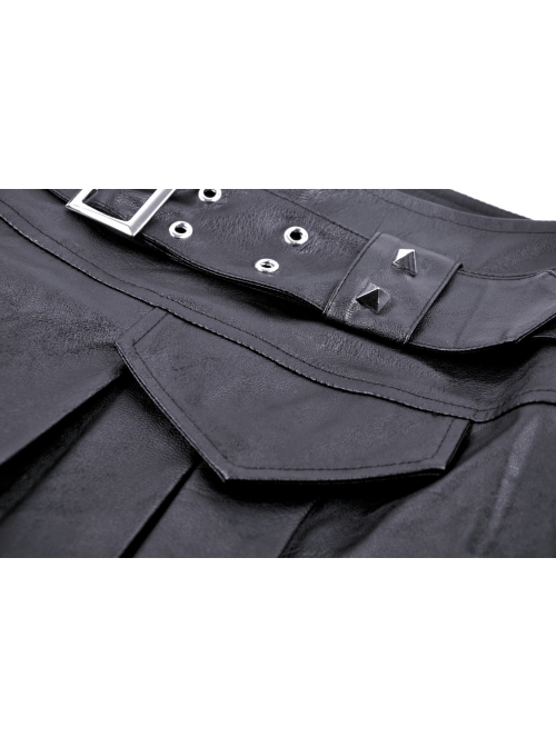 Asymmetrical Sexy Black PU Leather Waist Metal Buckle Embellished Punk Style Pleated Mini Skirt