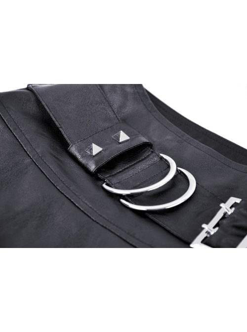 Asymmetrical Sexy Black PU Leather Waist Metal Buckle Embellished Punk Style Pleated Mini Skirt