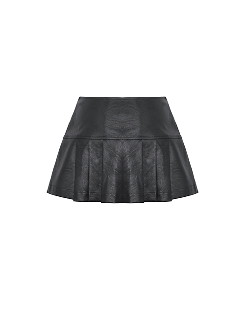 Asymmetrical Sexy Black PU Leather Waist Metal Buckle Embellished Punk Style Pleated Mini Skirt