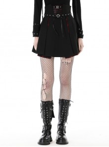 Black And Red High Waisted Mesh Metal Eyelet Lace Punk Style Pleated Skirt
