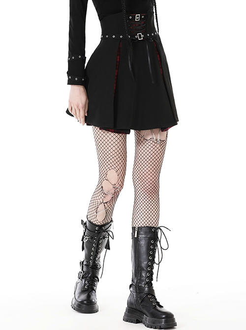 Black And Red High Waisted Mesh Metal Eyelet Lace Punk Style Pleated Skirt