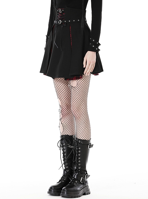 Black And Red High Waisted Mesh Metal Eyelet Lace Punk Style Pleated Skirt