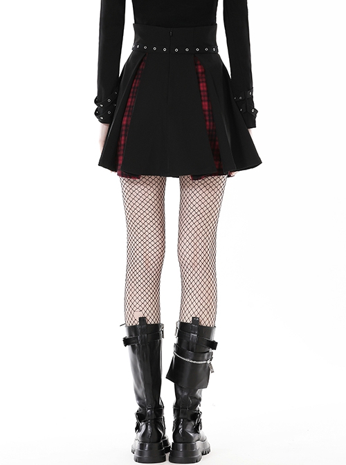 Black And Red High Waisted Mesh Metal Eyelet Lace Punk Style Pleated Skirt
