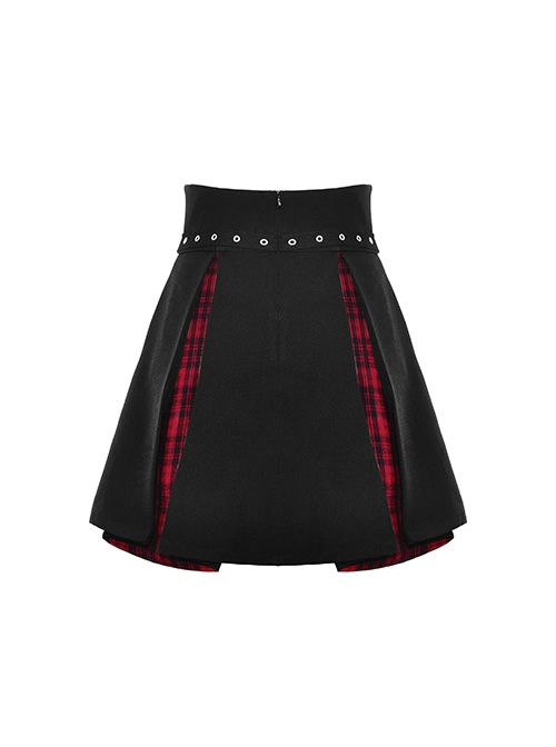 Black And Red High Waisted Mesh Metal Eyelet Lace Punk Style Pleated Skirt