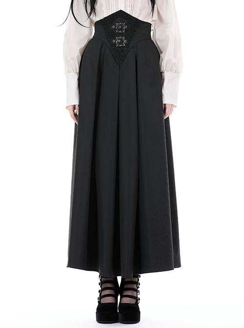 Simple Black Imitation Velvet Waist With Exquisite Embroidery And Metal Cutout Gothic Style Retro Long Skirt