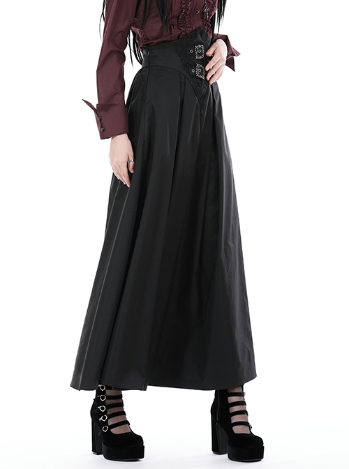 Simple Black Imitation Velvet Waist With Exquisite Embroidery And Metal Cutout Gothic Style Retro Long Skirt
