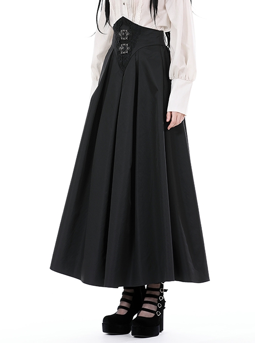 Simple Black Imitation Velvet Waist With Exquisite Embroidery And Metal Cutout Gothic Style Retro Long Skirt