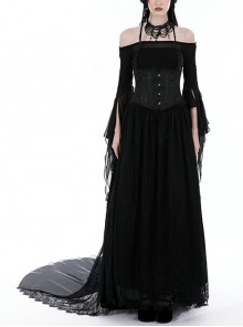 Gorgeous Black Ruffled Lace Print Gothic Palace Train Long Skirt