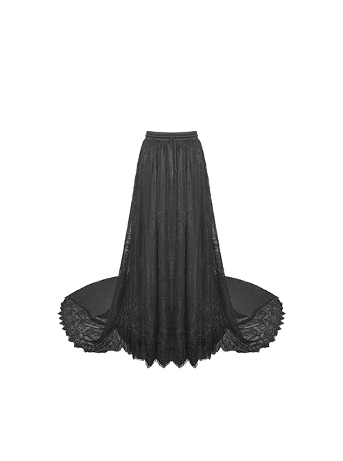 Gorgeous Black Ruffled Lace Print Gothic Palace Train Long Skirt