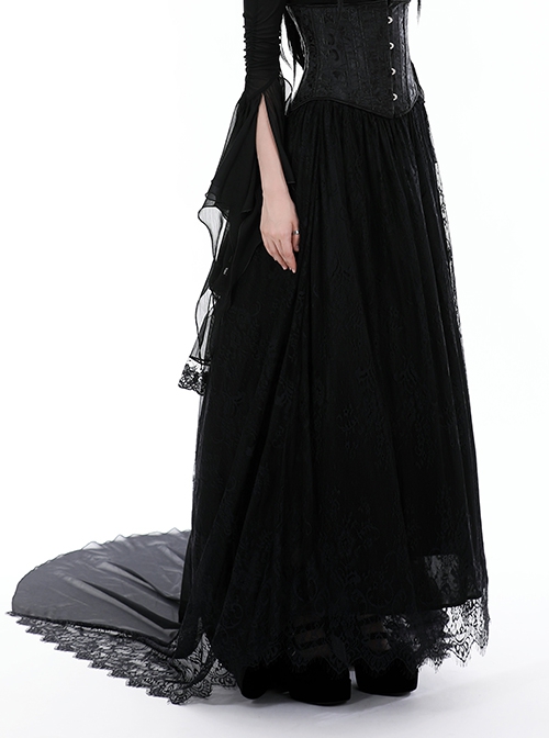 Gorgeous Black Ruffled Lace Print Gothic Palace Train Long Skirt