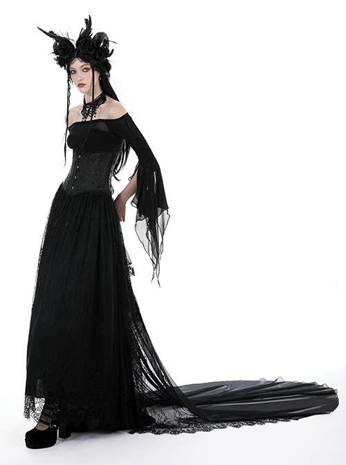 Gorgeous Black Ruffled Lace Print Gothic Palace Train Long Skirt