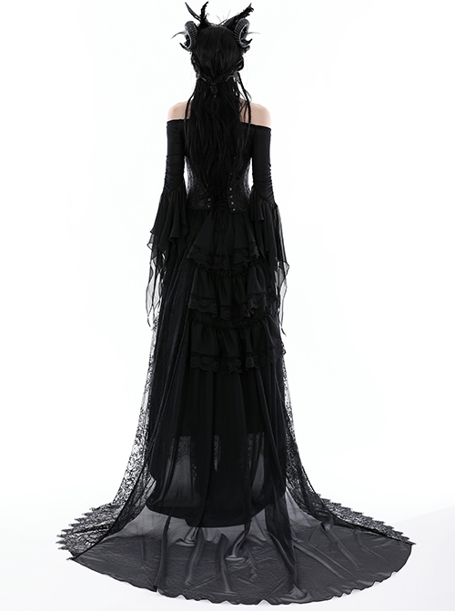 Gorgeous Black Ruffled Lace Print Gothic Palace Train Long Skirt