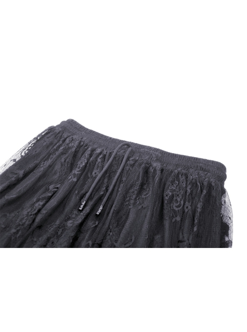 Gorgeous Black Ruffled Lace Print Gothic Palace Train Long Skirt