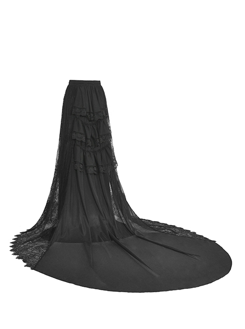 Gorgeous Black Ruffled Lace Print Gothic Palace Train Long Skirt