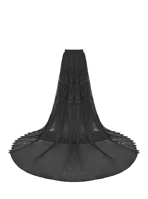 Gorgeous Black Ruffled Lace Print Gothic Palace Train Long Skirt