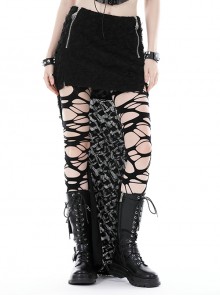 Personalized Black Ripped Side Metal Skull Zipper High Low Hem Punk Style Skirt