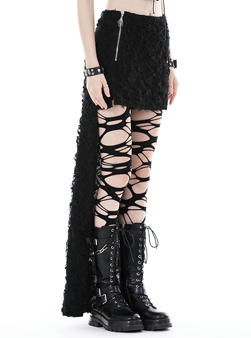 Personalized Black Ripped Side Metal Skull Zipper High Low Hem Punk Style Skirt