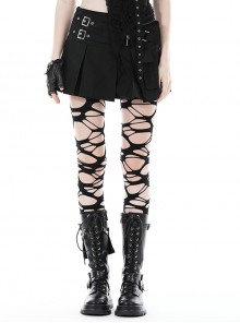 Black Simple Side Pocket Double Breasted Punk Style Pleated Skirt