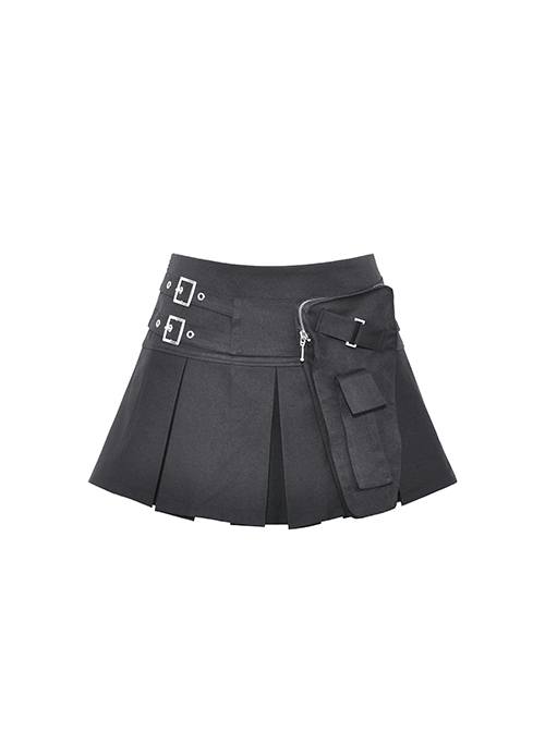 Black Simple Side Pocket Double Breasted Punk Style Pleated Skirt