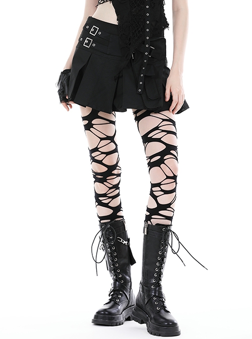 Black Simple Side Pocket Double Breasted Punk Style Pleated Skirt
