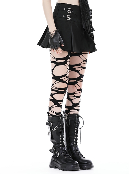 Black Simple Side Pocket Double Breasted Punk Style Pleated Skirt