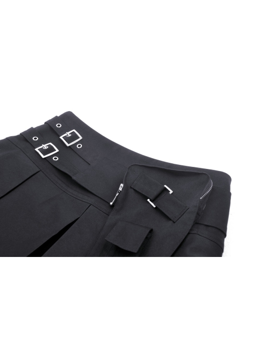 Black Simple Side Pocket Double Breasted Punk Style Pleated Skirt