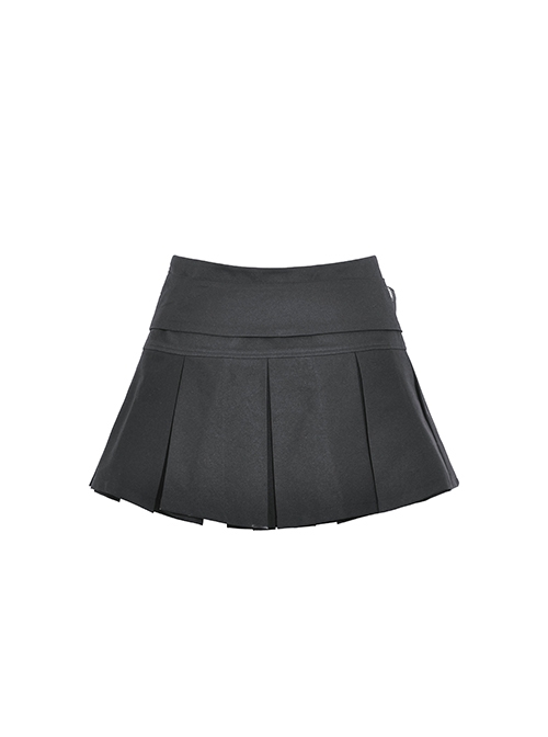Black Simple Side Pocket Double Breasted Punk Style Pleated Skirt