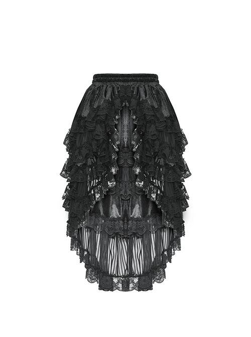 Gorgeous Black Layered Lace Ruffled Punk Style Loose High Low Skirt