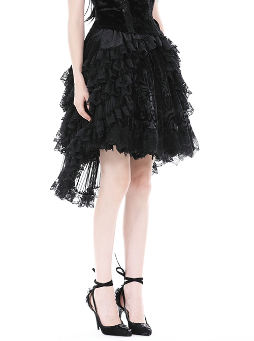 Gorgeous Black Layered Lace Ruffled Punk Style Loose High Low Skirt