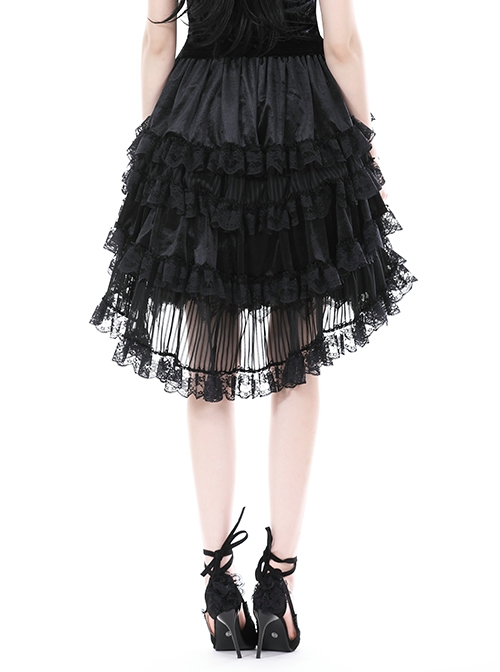 Gorgeous Black Layered Lace Ruffled Punk Style Loose High Low Skirt