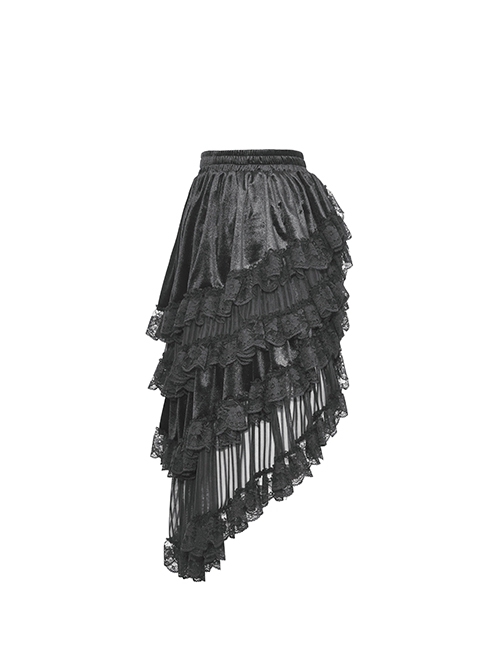 Gorgeous Black Layered Lace Ruffled Punk Style Loose High Low Skirt