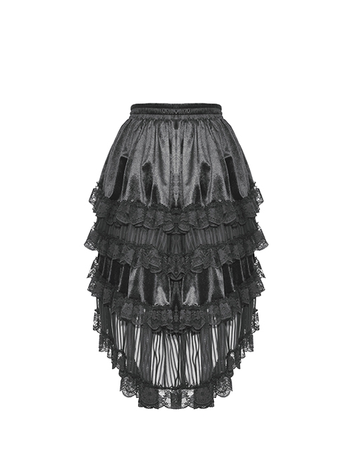 Gorgeous Black Layered Lace Ruffled Punk Style Loose High Low Skirt