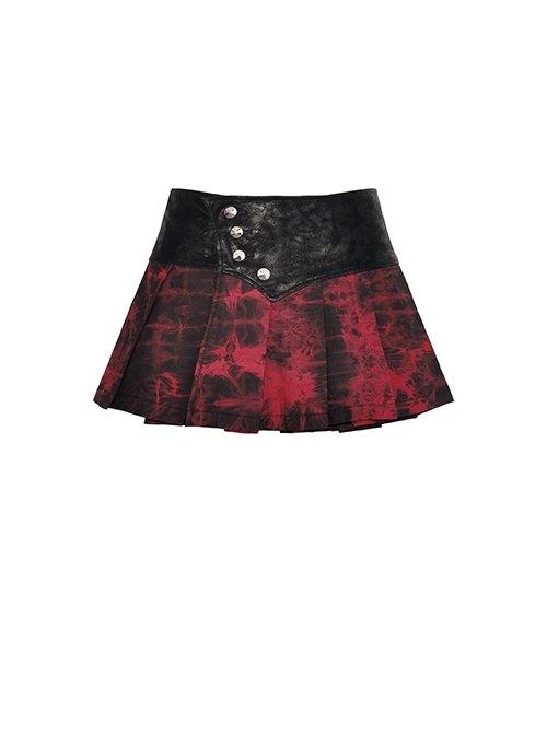 Personalized Blood Red Waist Metal Buckle Embellished Punk Style Mini Pleated Skirt