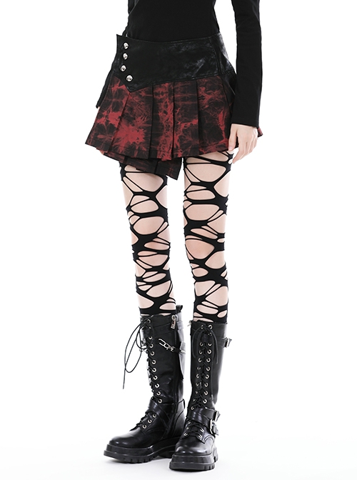 Personalized Blood Red Waist Metal Buckle Embellished Punk Style Mini Pleated Skirt
